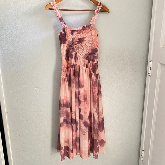 Free People Dresses & Skirts - Free People Mesh Midi Dress Soft Pink Purple Watercolor Smocked Feminine Fairy